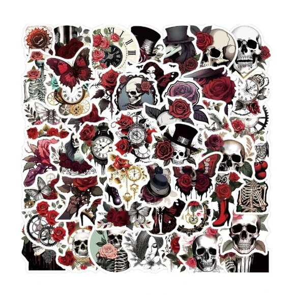 Stickers Skeleton Gothic Steampunk Roses Butterflies Bulk Stickers 50 PK NWT - Picture 3 of 4